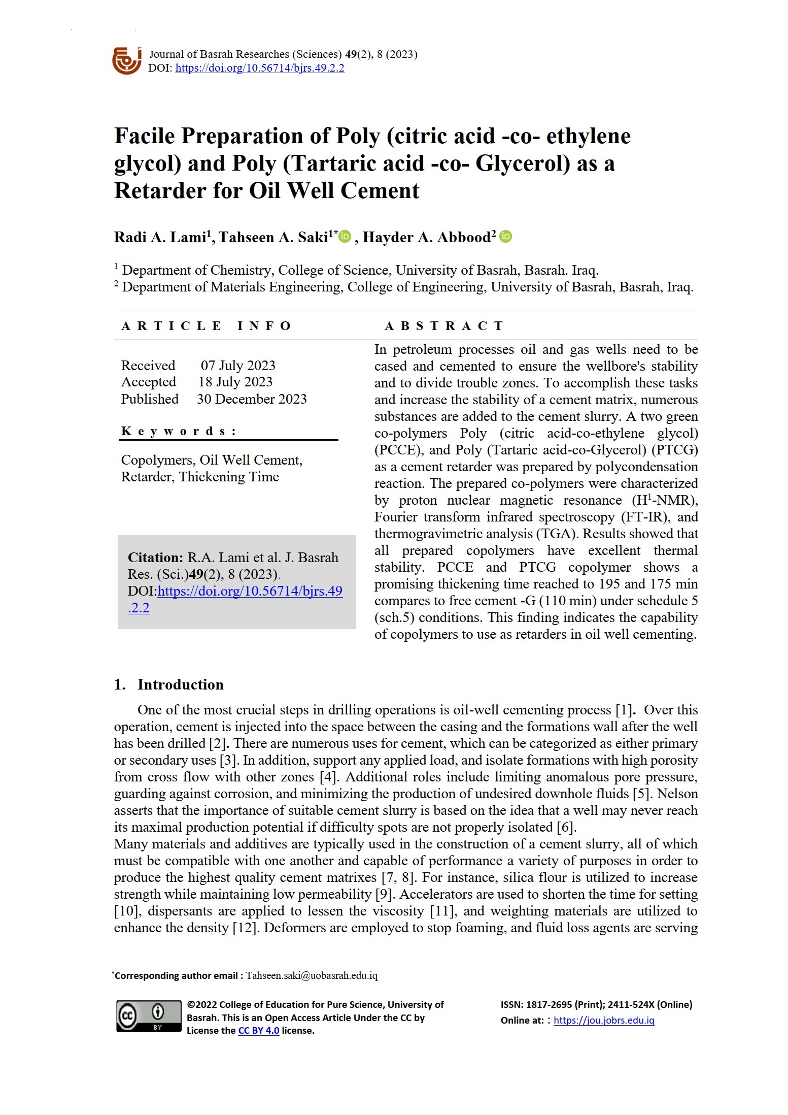 Facile Preparation of Poly (citric acid -co- ethylene glycol) and Poly (Tartaric acid -co- Glycerol) as a Retarder for Oil Well Cement