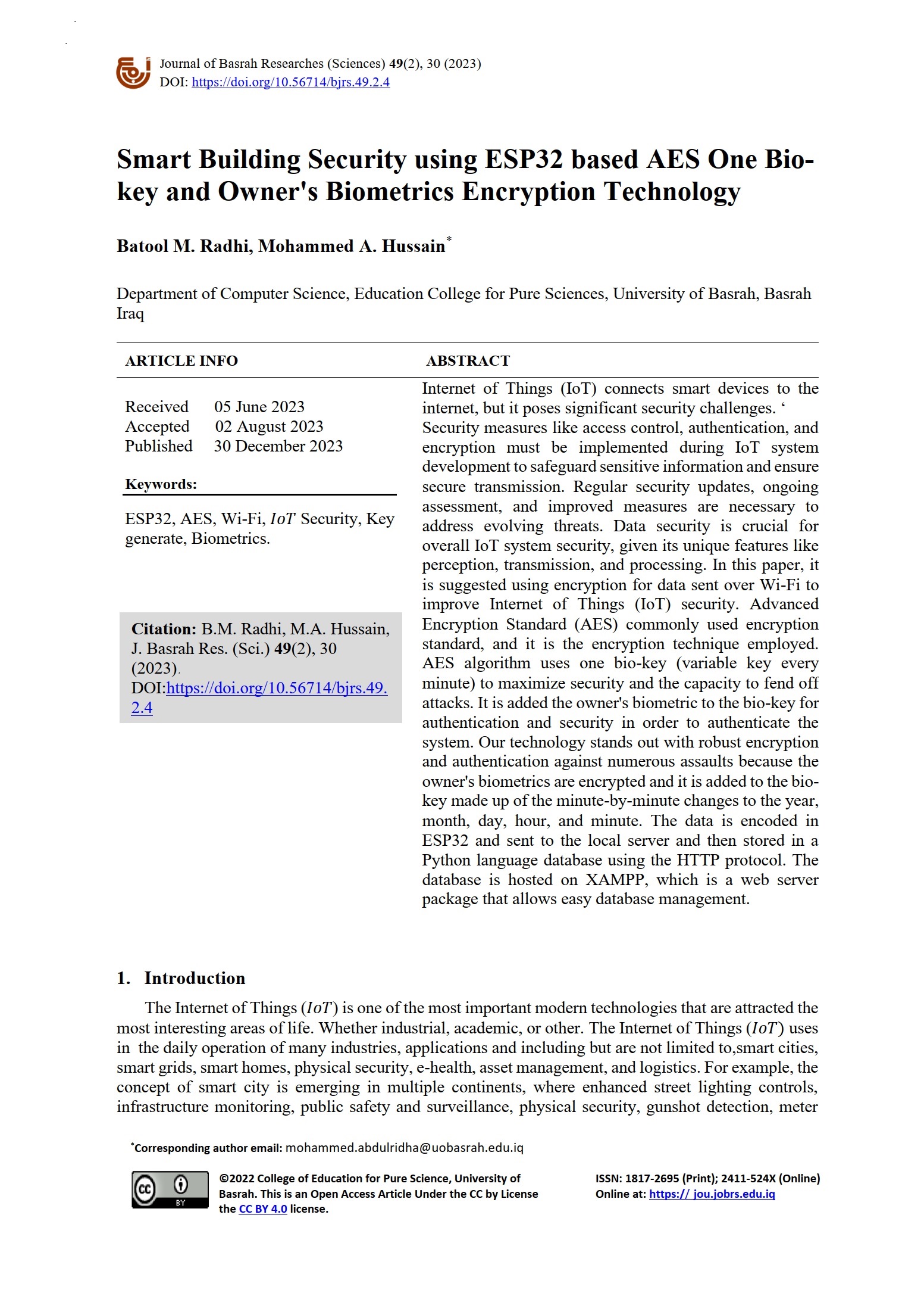 Smart Building Security using ESP32 based AES One Bio-key and Owner's Biometrics Encryption Technology