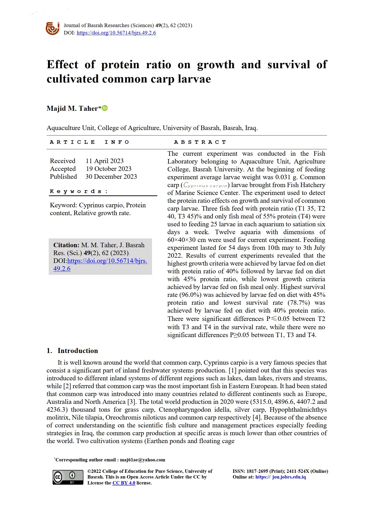 Effect of protein ratio on growth and survival of cultivated common carp larvae