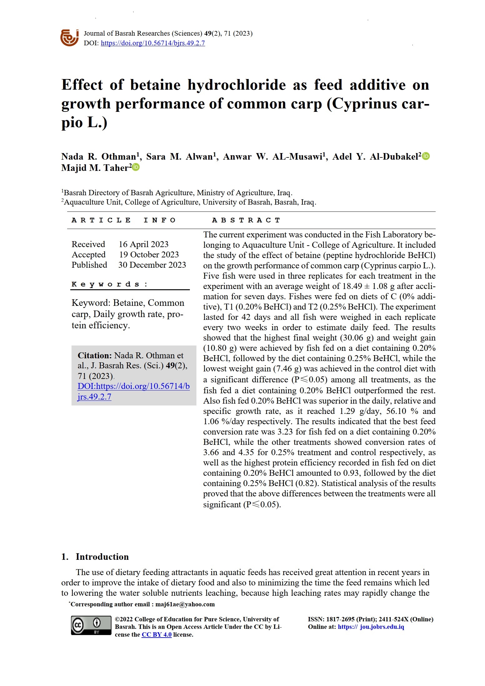Effect of betaine hydrochloride as feed additive on growth performance of common carp (Cyprinus carpio L.)
