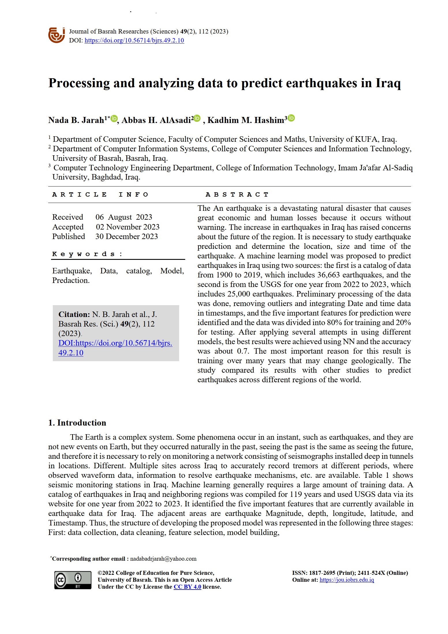 Processing and analyzing data to predict earthquakes in Iraq