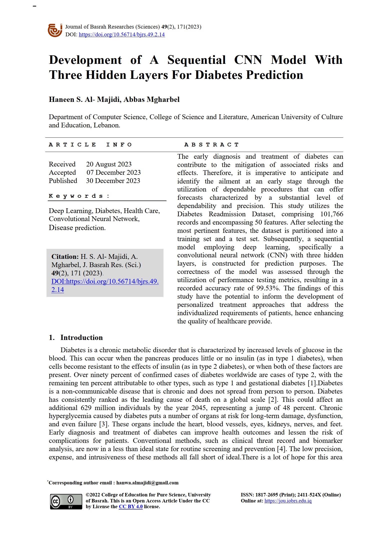 Development of A Sequential CNN Model With Three Hidden Layers For Diabetes Prediction