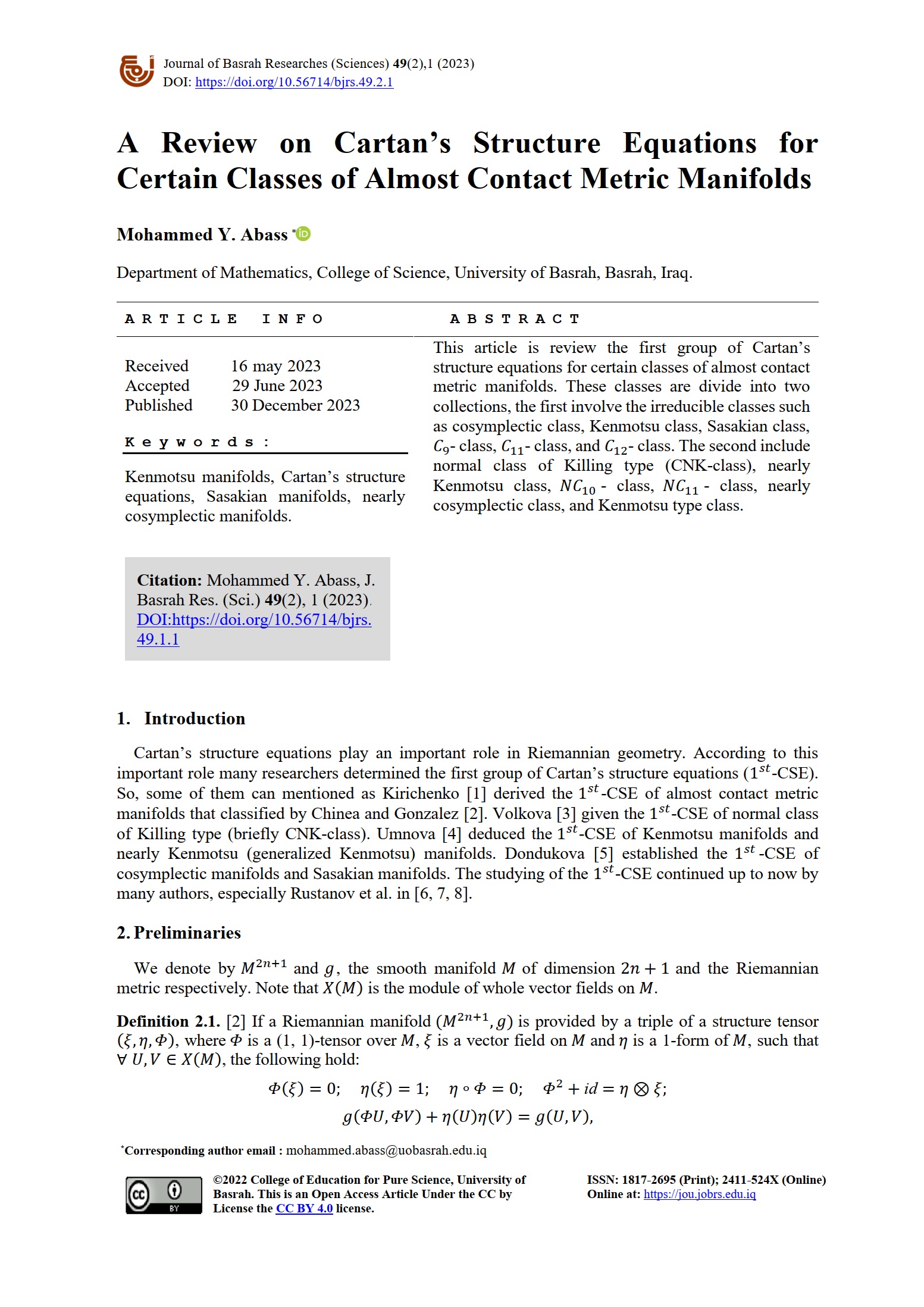 A Review on Cartan’s Structure Equations for Certain Classes of Almost Contact Metric Manifolds